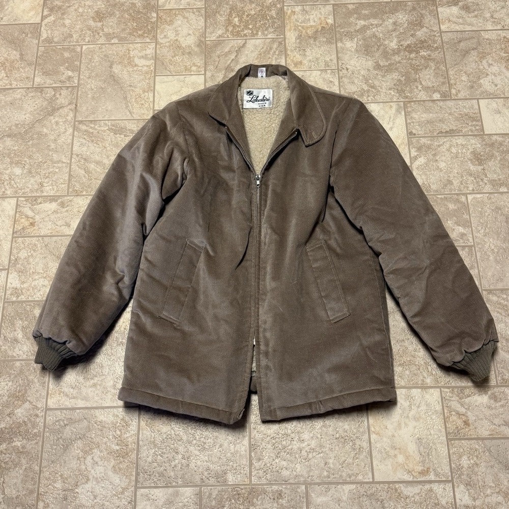 VTG Lakeshire Sherpa Lined Tan Corduroy Full Zip Jacket Mens M Made in USA 80s